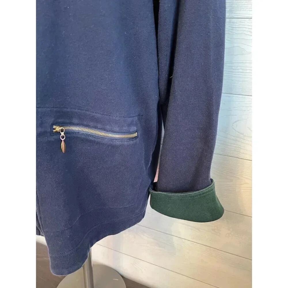 Talbots Navy Blue Full Zip Cotton Sweatshirt Jacket Forest Green Cuffs Medium - Picture 4 of 8